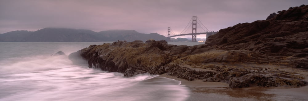 Waves Breaking On Rocks Golden Gate Bridge Baker Beach San Francisco California USA Canvas Art - Panoramic Images (36 x 12)