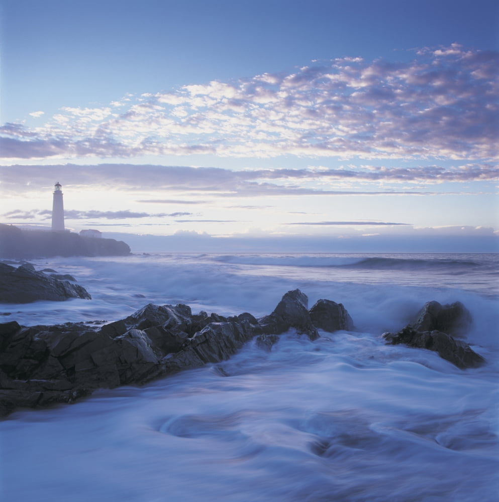 Waves And Cap Des Rosiers Lighthouse At Dusk Northeast Gaspe Peninsula Near Mouth Of St Lawrence River Quebec Canvas Art - Claude Bouchard Design Pics (24 x 24)