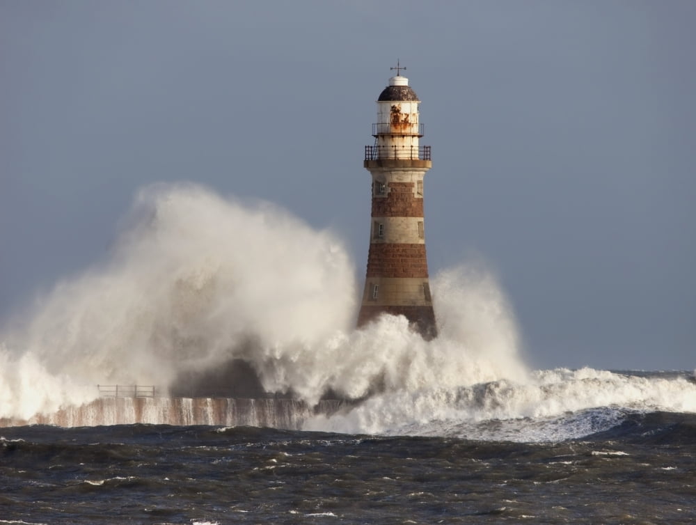 Waves Crashing Against A Lighthouse Sunderland Tyne And Wear England Canvas Art - John Short Design Pics (17 x 13)
