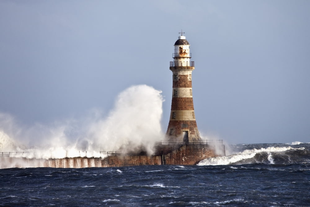 Waves Crashing Against Roker Lighthouse Sunderland Tyne And Wear England Canvas Art - John Short Design Pics (38 x 24)