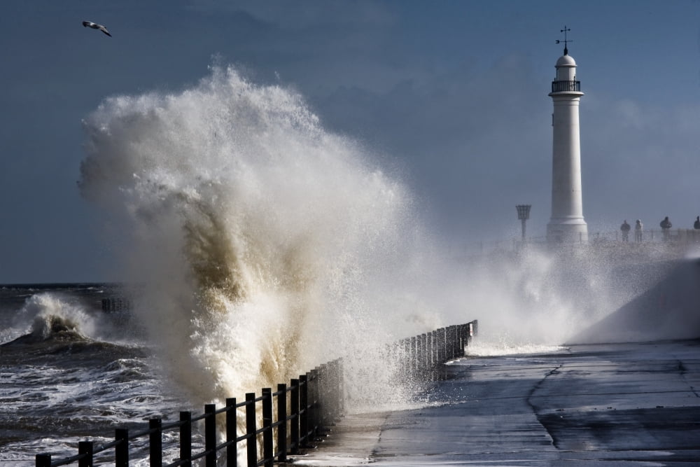 Waves Crashing By Lighthouse At Sunderland Tyne And Wear England United Kindgom Canvas Art - John Short Design Pics (34 x 22)