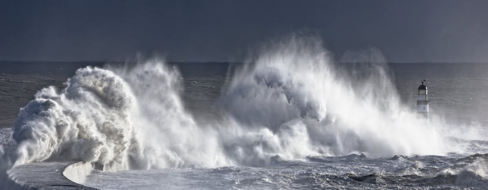 Waves Crashing On Lighthouse Seaham Teesside England Canvas Art - John Short Design Pics (44 x 18)