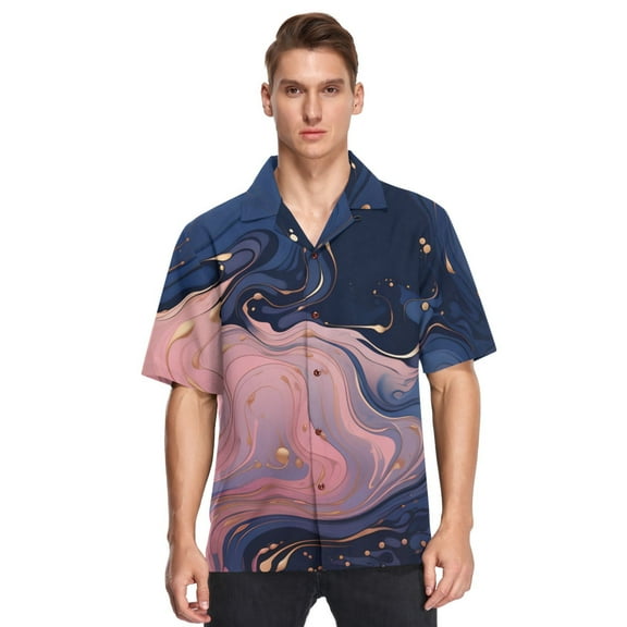 Waves Curves Pink Blue Men's Hawaiian Wrinkle Free Button Down Short Sleeve Shirt Casual Shirts Beach Shirts