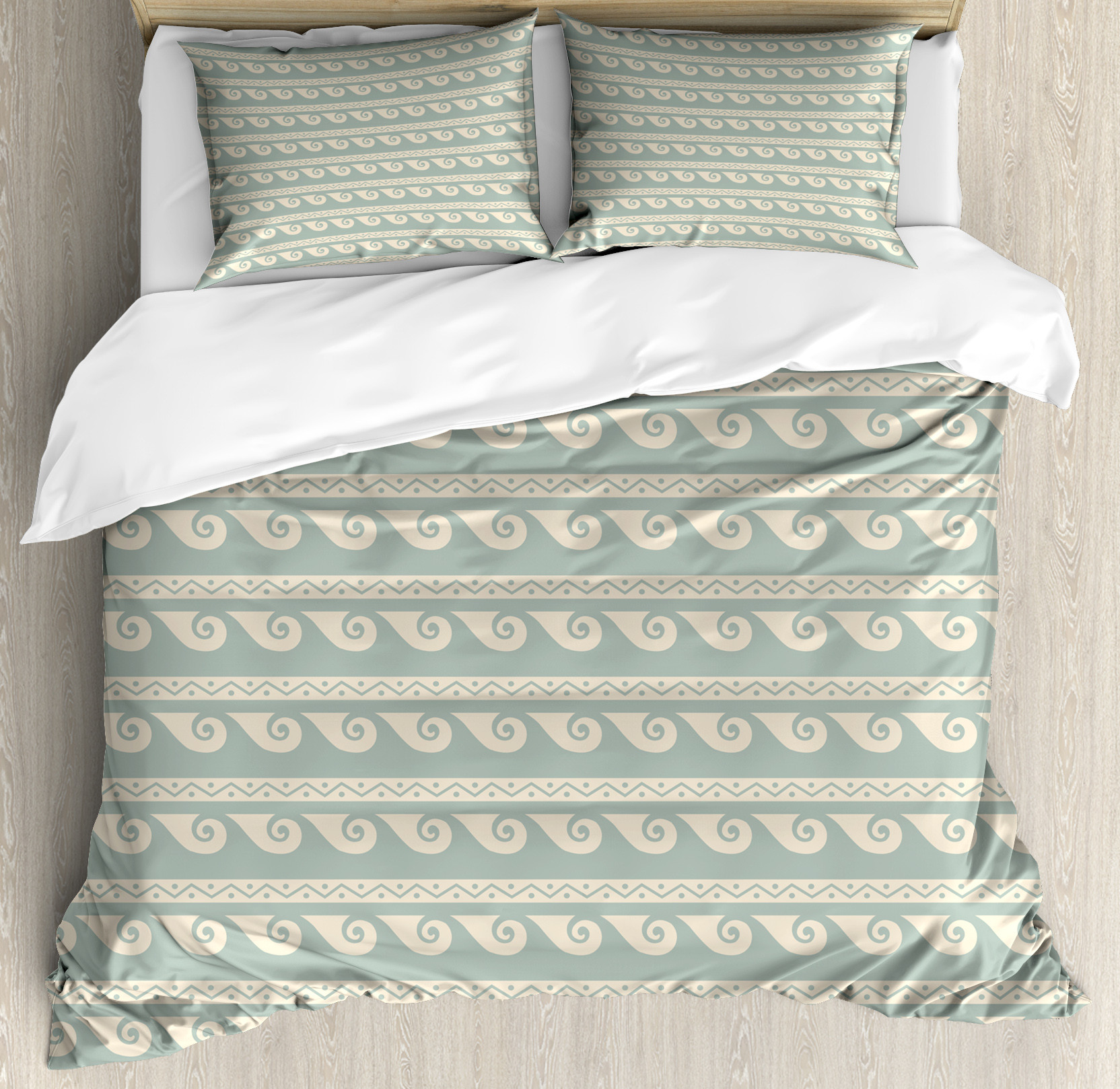 Waves Duvet Cover Set, Continuous Greek Design Wavy Sea Elements Bicolored Composition Print, Decorative 3 Piece Bedding Set with 2 Pillow Shams, Calking Size, Dark Sea Green Champagne, by Ambesonne - image 1 of 3
