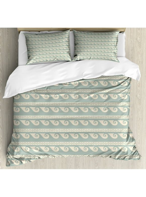 Waves Duvet Cover Set, Continuous Greek Design Wavy Sea Elements Bicolored Composition Print, Decorative 3 Piece Bedding Set with 2 Pillow Shams, Calking Size, Dark Sea Green Champagne, by Ambesonne