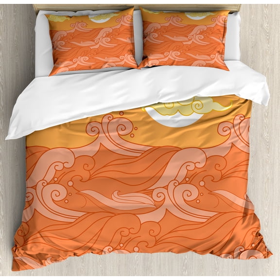 Waves Duvet Cover Set, Sun and Clouds with Surreal Splashes Spiraling Motifs, Decorative 3 Piece Bedding Set with 2 Pillow Shams, Queen Size, Apricot Burnt Sienna, by Ambesonne