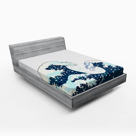 Ambesonne Japanese Fitted Sheet, Ocean Surfing Aquatic, Full Size, Dark Blue White