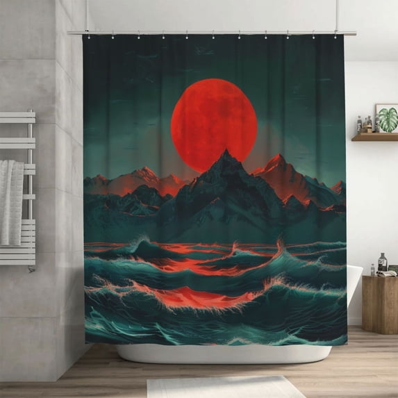 Waves Horror Mountain Original Design Shower Curtain 72X72In For Bathroom, Waterproof Fabric Quick Dry Soft Decoration Set