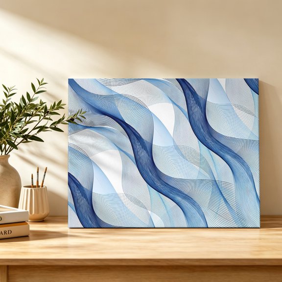 Waves Lines Canvas Wall Art, Abstract Modern Minimalist Blue White Fluid Swirls Wall Art Prints Artwork Framed Canvas Ready to Hang Art Pictures for Bathroom Bedroom Entry Desk Corner 10" x 8"