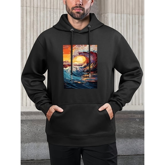 Waves Print Men's Hoodie, Men's Casual Graphic Design Pullover Hooded Sweatshirt with Kangaroo Pocket Streetwear for Winter Fall