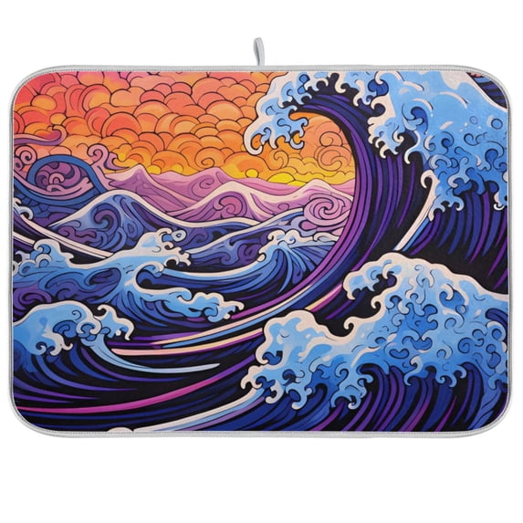 Waves Purple Dish Drying Mat Microfiber Kitchen Pad Large Counter Absorbent Dish Mats Drainer Rack 16"x18"