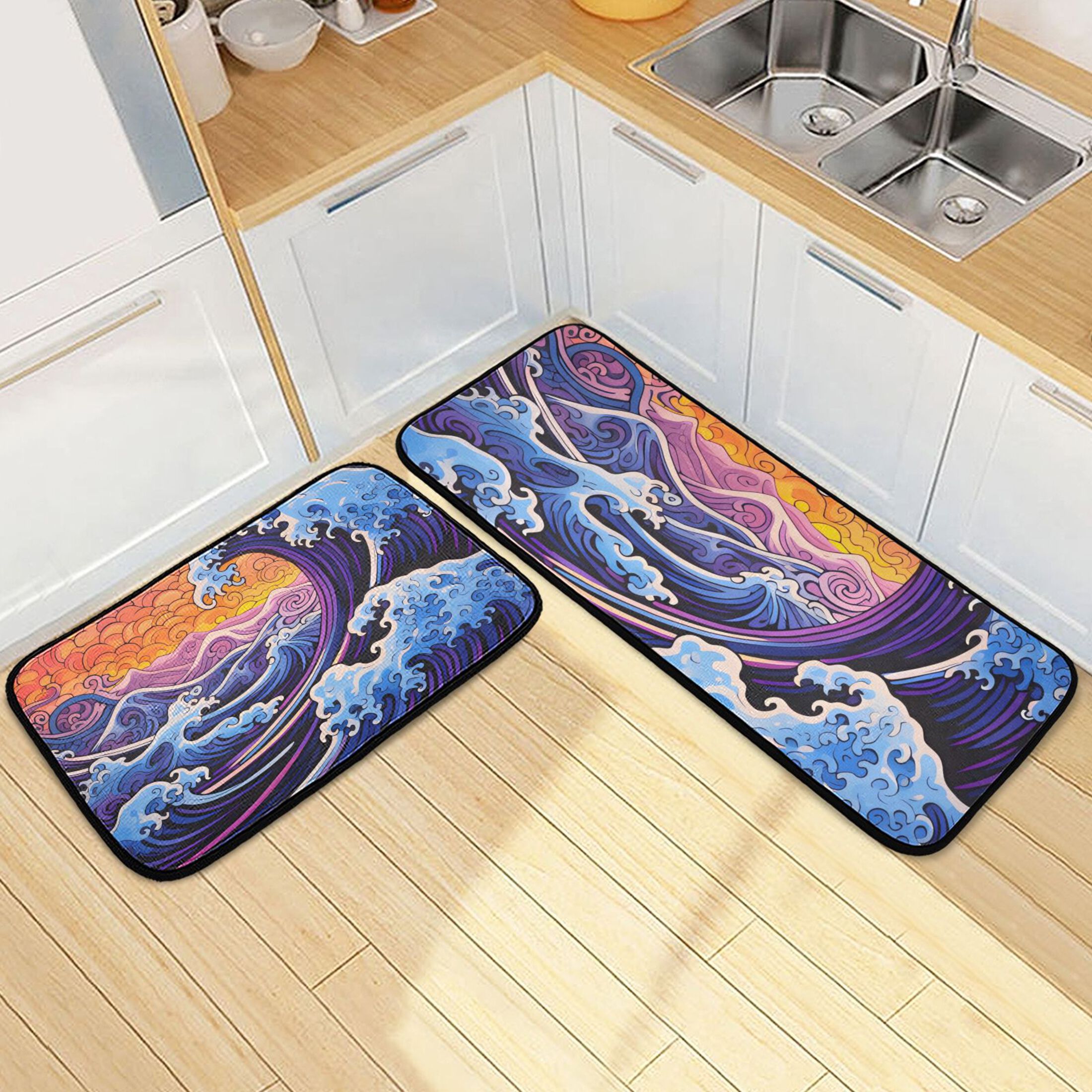 Waves Purple Kitchen Mats Set 2 Piece Non Slip Floor Foam Rugs