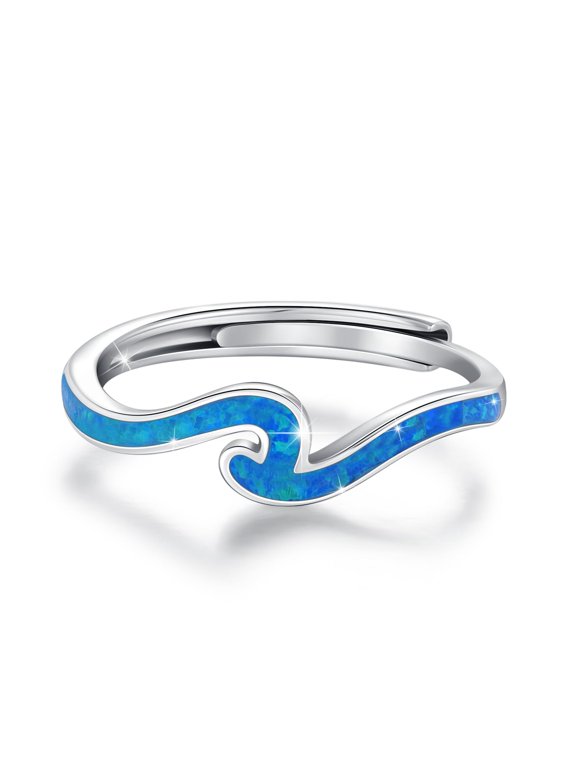Waves Rings 925 Sterling Silver Blue Waves Rings Adjustable Enamel Ring Nature Ocean Jewelry Birthday Christmas Gifts for Ladies Women Wife Nature Lovers