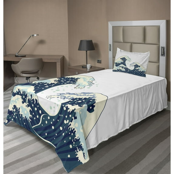 Ambesonne Japanese Fitted & Top Sheet Set with Sham, Ocean Surfing Aquatic, Dark Blue White
