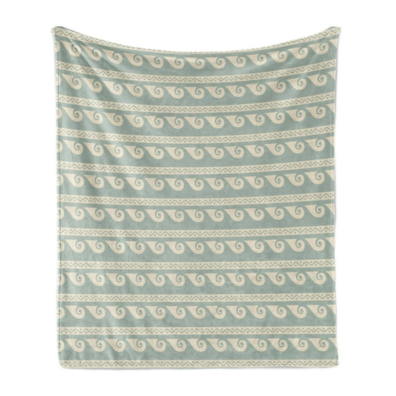 Waves Soft Flannel Fleece Blanket, Continuous Greek Design Wavy Sea Elements Bicolored Composition Print, Cozy Plush for Indoor and Outdoor Use, 60" x 80", Dark Sea Green Champagne, by Ambesonne