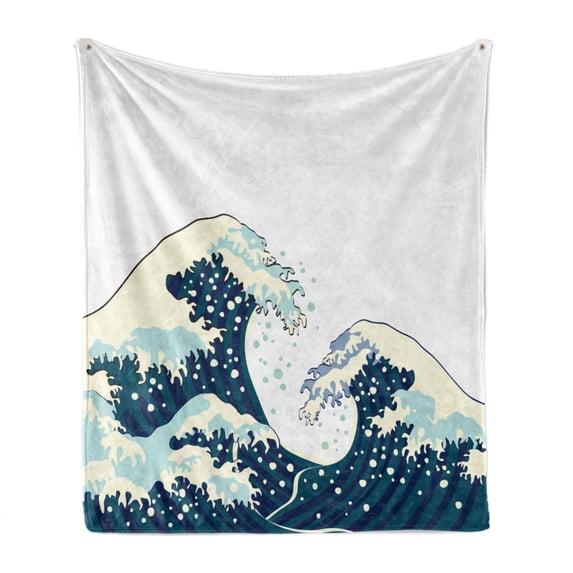 Waves Soft Flannel Fleece Throw Blanket, Japanese Kanagawa Illustration Nautical Ocean Surfing Theme Aquatic Pattern, Cozy Plush for Indoor and Outdoor Use, 50" x 70", Dark Blue White, by Ambesonne
