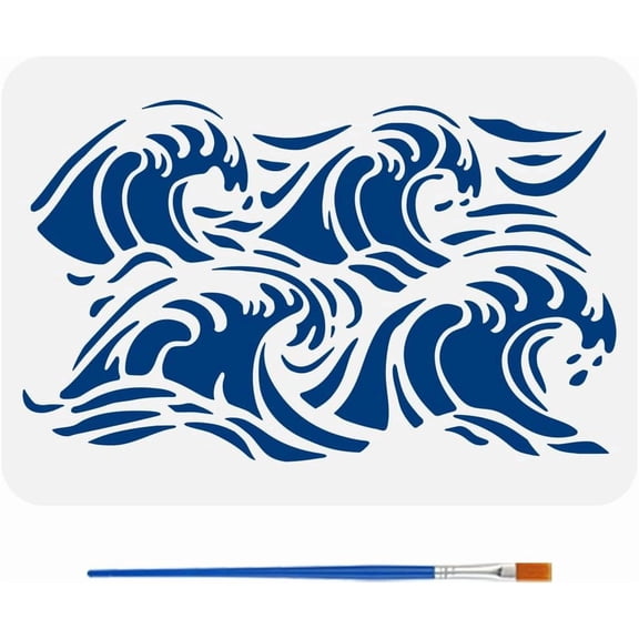 Waves Stencil with a Paint Brush 11.7x8.3Inch Waves Decoration Stencils Infinite Connections Pattern Stencils Ocean Themes Waves Template for Wood Wall Fabric Furniture Floor DIY Crafts colorful