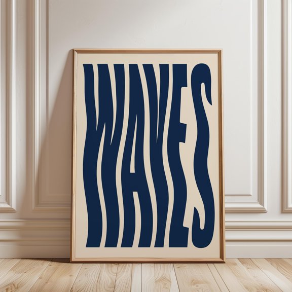 Waves Typography Poster, Distorted Blue Lettering Wall Art, Retro Graphic Text Design Print, Poster Only