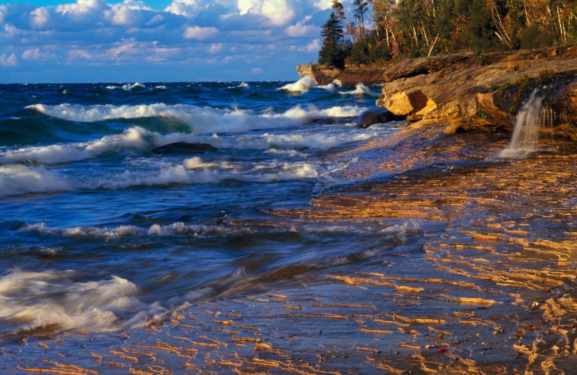 Waves along Lake Michigan shoreline sunset light Miners Beach Michigan USA Canvas Art - Panoramic Images (36 x 12)