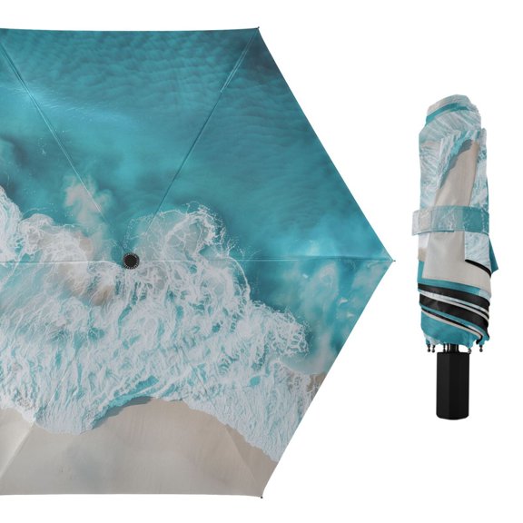 Waves and Beach Compact Sun Umbrella Windproof Travel Umbrellas for Rain Strong Portable UV Protection