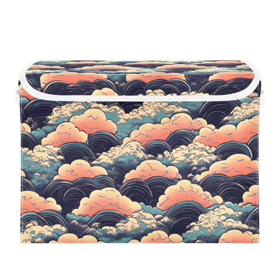 Waves and Clouds Large Storage Bins with Linen Collapsible Lid Storage Box 16.7 x 12.6 x 11.8in