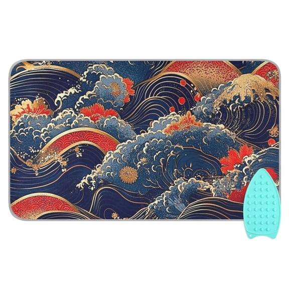 Waves and Floral Pattern Ironing Mat Blanket for Table Top Travel Portable Ironing Board Pad 47.2x27.6 Inch