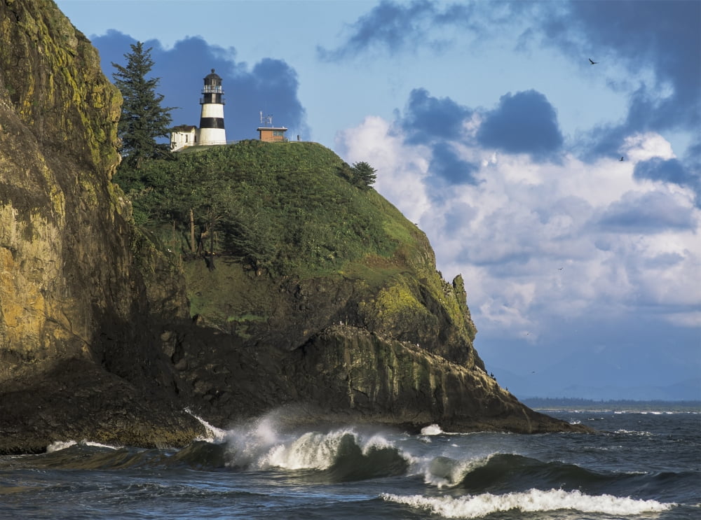Waves break at Cape Disappointment Lighthouse Ilwaco Washington United States of America Canvas Art - Robert L Potts Design Pics (18 x 13)