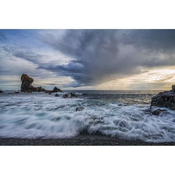 Waves crash against the shoreline of Djupalonssandur beach at sunset Snaefellsness Peninsula; Iceland by Robert Postma / Design Pics (36 x