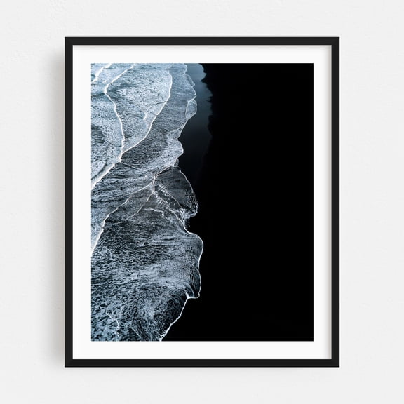 Waves crashing on a Black Sand Beach on the Icelandic Shoreline - Iceland Photography Waves Ocean Abstract Seascape Black and White Coast Minimalist Black Framed Wall Art Print 18 x 24 inches