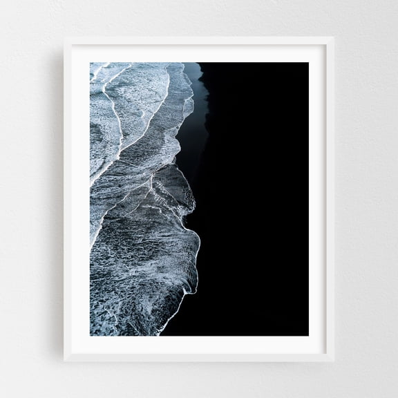 Waves crashing on a Black Sand Beach on the Icelandic Shoreline - Iceland Photography Waves Ocean Abstract Seascape Black and White Coast Minimalist White Framed Wall Art Print 18 x 24 inches
