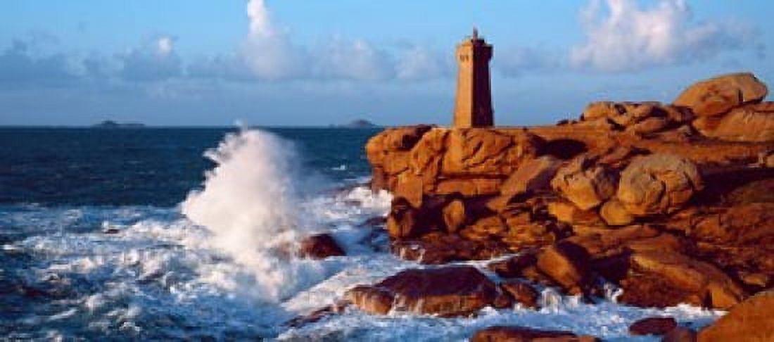 Waves crashing at Ploumanach Lighthouse Pink Granite Coast Perros-Guirec Cotes-dArmor Brittany France Canvas Art - Panoramic Images (15 x 7)
