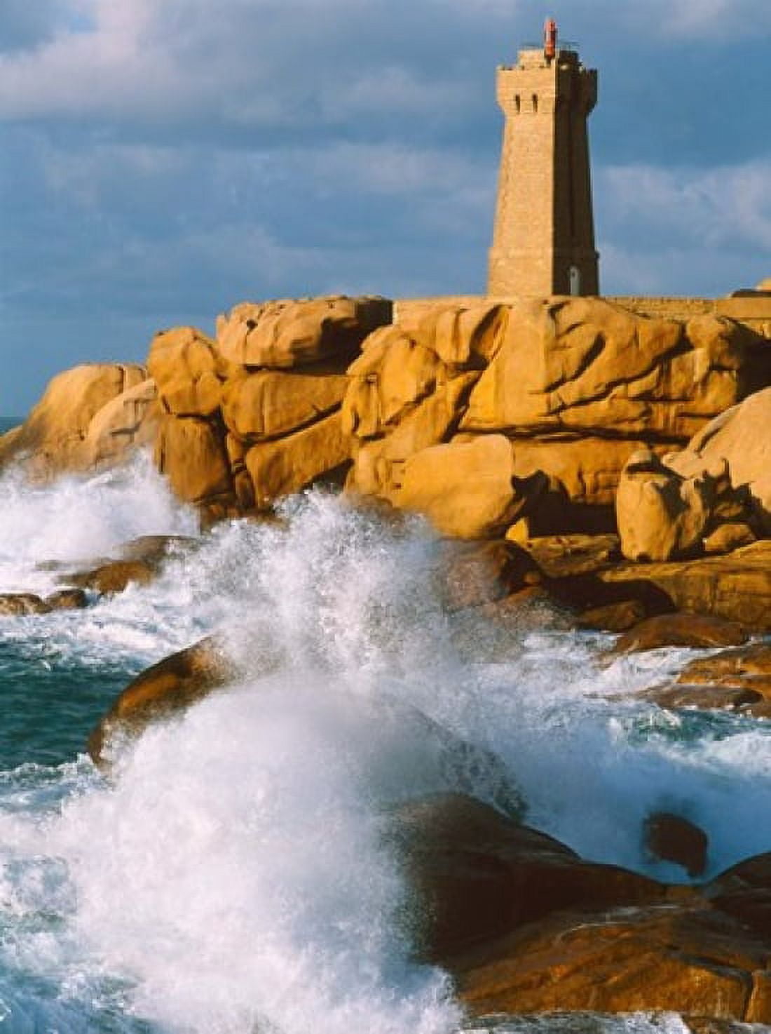 Waves crashing at Ploumanach Lighthouse Pink Granite Coast Perros-Guirec Cotes-dArmor Brittany France Canvas Art - Panoramic Images (27 x 36)