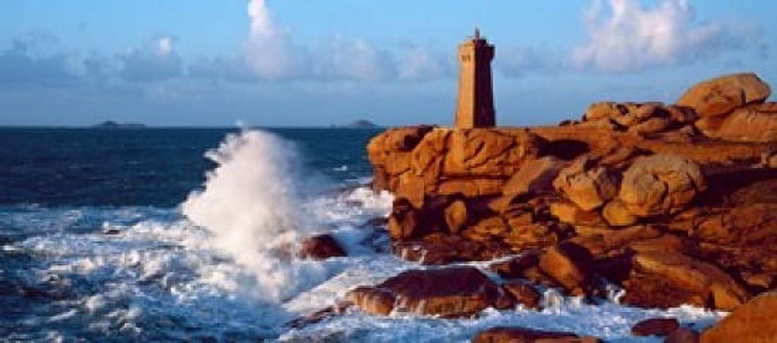 Waves crashing at Ploumanach Lighthouse Pink Granite Coast Perros-Guirec Cotes-dArmor Brittany France Canvas Art - Panoramic Images (30 x 14)