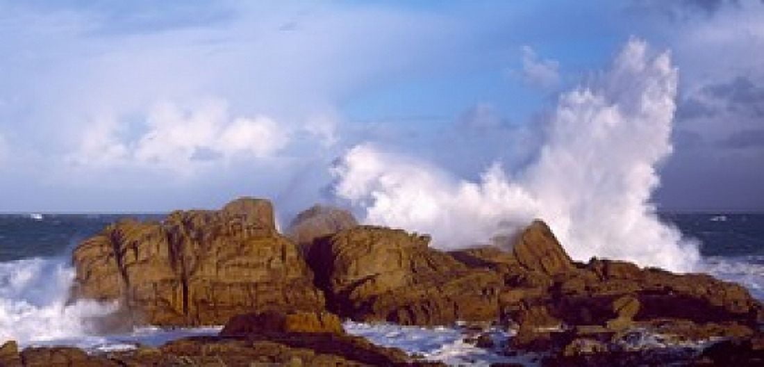 Waves crashing on rocks at wild coast Saint-Guenole Morbihan Brittany France Canvas Art - Panoramic Images (24 x 12)