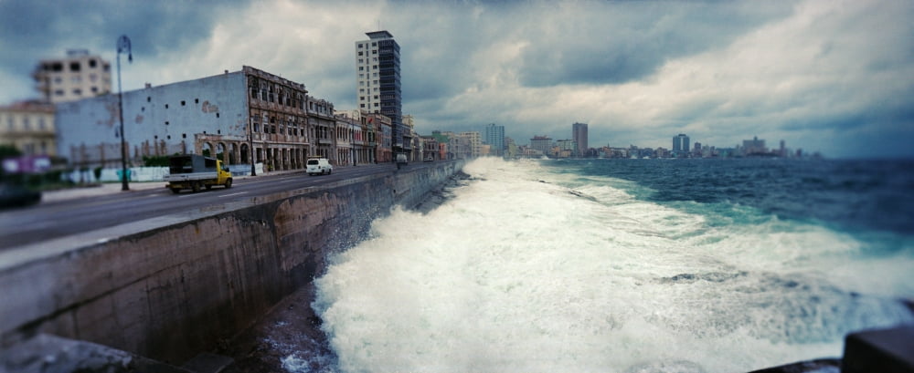 Waves splashing into the Malecon Havana Cuba Canvas Art - Panoramic Images (13 x 30)