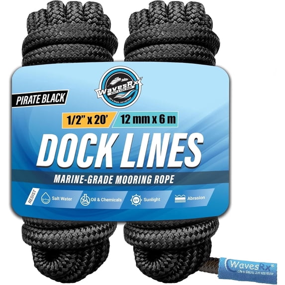 WavesRx 1/2” x 20’ (2PK) Premium Dock Lines for Boat & Pontoon | Double Braided Nylon Boat Ropes for Docking with Loop