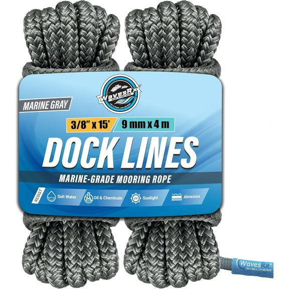 WavesRx 3/8” x 15’ (2PK) High-Performance Dock Lines for Boats, Jet Ski & PWC | Premium Mooring & Docking Rope | Marine-Grade Double Braided Nylon for Best UV & Saltwater Resistance