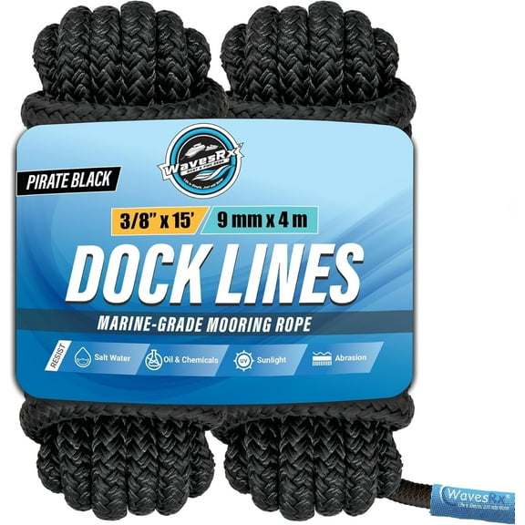WavesRx 3/8” x 15’ (2PK) Premium Dock Lines for Boat & Pontoon | Double Braided Nylon Boat Ropes for Docking with Loop