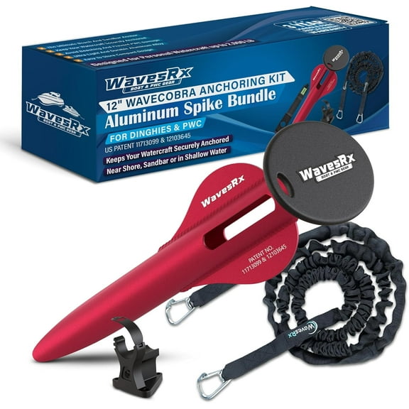 WavesRx Beach Anchoring Bundle for PWC | 12" WaveCobra Aluminum Spike Stern Anchor + 7ft AnchorMate Flat Bungee (Stretches to 14ft) | Ultra-Light Patented Design Keeps Your Jet Ski Securely Anchored