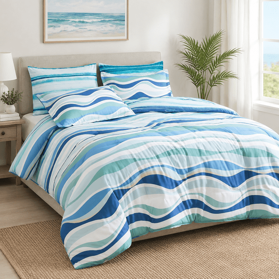 Wavesforter Set King Size Beach Themed Bed In A Bag 7 Pieces Nautical Seawaves Reversible Soft Summer Bedding Sets For All Season