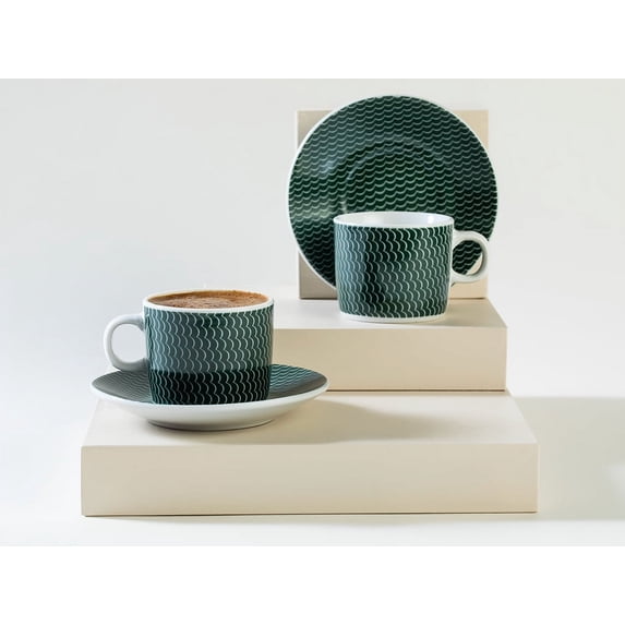 Wavey Porcelain 2 Piece Coffee Cup Set 80 ml Green