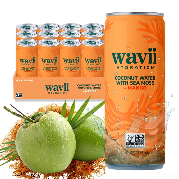 Wavii Organic Coconut Water with Organic Sea Moss plus Mango, 11 fl oz Cans, Pack of 12