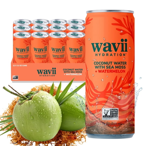 Wavii Organic Coconut Water with Organic Sea Moss plus Watermelon, 11 fl oz Cans, Pack of 12
