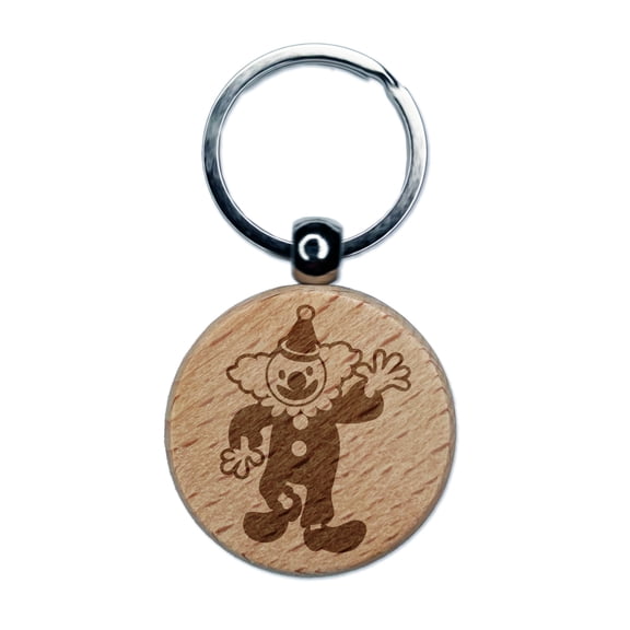 Waving Clown Circus Carnival Round Keychain Charm Tag - Engraved Wood