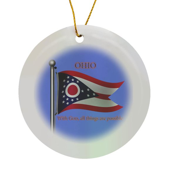 3drose, Waving Flag of Ohio on Pole with State Name and Motto., Circle Porcelain Ornament