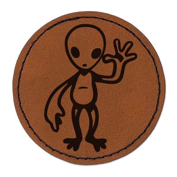 Waving Gray Alien Extraterrestrial Scifi Science Fiction Round Iron-On Engraved Faux Leather Patch Applique - 2.5 Inch - Brown