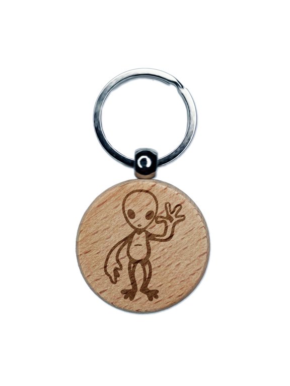 Waving Gray Alien Extraterrestrial Scifi Science Fiction Round Keychain Charm Tag - Engraved Wood