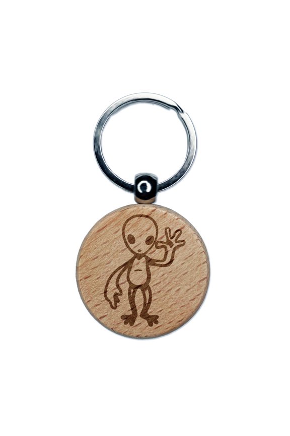 Waving Gray Alien Extraterrestrial Scifi Science Fiction Round Keychain Charm Tag - Engraved Wood