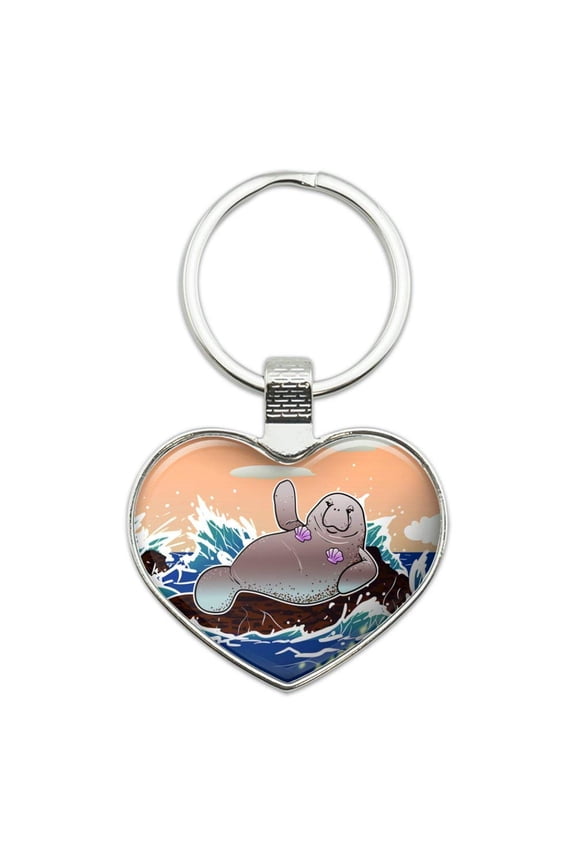 Waving Manatee Mermaid On Rocks And Waves Funny Keychain Heart Love Metal Key Chain Ring