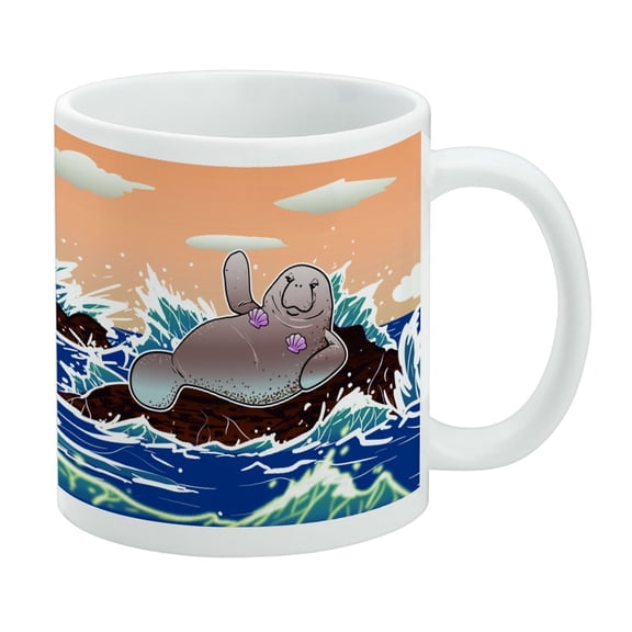 Waving Manatee Mermaid On Rocks And Waves Funny White Mug